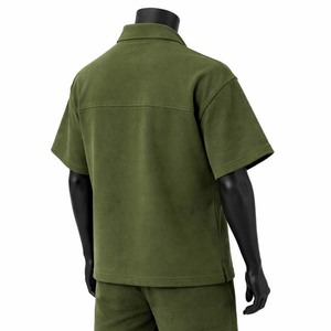 Men's Plus Size Olive Green Fleece Polo <b>Shirt</b> Short Sleeve Zipper <b>Collar</b> Casual Knitted Solid Color - Product Image 4