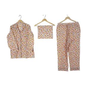 100% Cotton Luxury Casual Women's Long Sleeve Summer Pajama <b>Set</b> Floral Print Button Design Elastic Waist Smooth Soft Breathable - Product Image 1