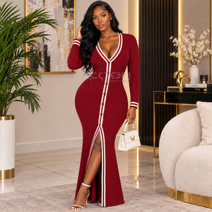 Cosh International Sorority Sisterhood V-Neck Long Sleeve <b>Cardigan</b> Dress With Slit And <b>Button</b> Closure Full Length Sexy Club Wear - Product Image 3