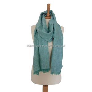 Belle écharpe traditionnelle ethnique en lin turquoise motif solide châle en fibre de lin naturelle OEM ODM disponible diverses nuances - Product Image 2