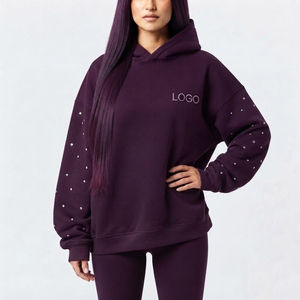 Sweat à capuche oversize pour femme, à épaules tombantes, manches longues, couleur unie, logo personnalisé en strass sur le devant, en molleton de coton - Product Image 3