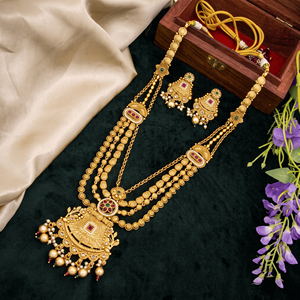 Parure de collier longue traditionnelle plaqué or avec rubis, finition mate, bijoux de mariage artificiels pour femme avec boucles d'oreilles - Product Image 3