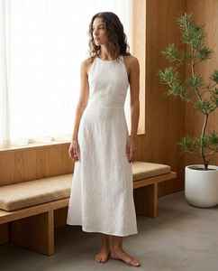 Vestido Largo de Lino Blanco para Mujer, Cuello en V, Sin Mangas, Ecológico, Casual de Verano con Aberturas Laterales - Product Image 3