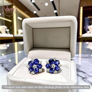 [Sheri Jewels] Pendientes de Oro Blanco Sólido de 18K con Forma de Flor, con Diamantes y Zafiros Naturales para Mujer - Regalo de Boda y Aniversario - Product Image 3