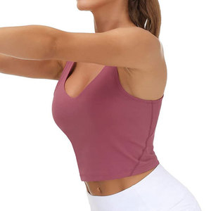 Women V-Neck Spaghetti Strap <b>Crop</b> <b>Top</b> Solid Color Breathable Yoga Tank <b>Top</b> Medium Support Seamless Activewear - Product Image 3