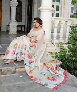 Sari Moderno de Tela de Lino con Estampado Floral de Seda y Blusa Sin Coser 84837 Blanco - Product Image 1