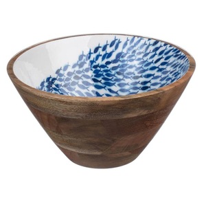 Tazón de madera de alta calidad con forma redonda para servir frutas y alimentos, con diseño floral único y acabado interior en esmalte. - Product Image 4