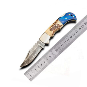 Couteau de chasse pliant en acier Damas personnalisé en gros, lame coulissante, manche en corne de cerf, pointe tombante, qualité industrielle, OEM - Product Image 6