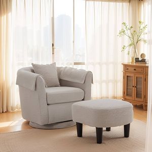 Fauteuil d'appoint moderne en chenille avec repose-pieds, fauteuil pivotant pour salon, coussin de dossier amovible, 2 housses d'accoudoirs - Product Image 1