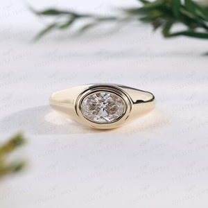 Oval Cut Ring East West Bezel Setting Yellow Gold Wide Band Signet Ring Chunky Unisex Fine Jewelry Band - Product Image 1