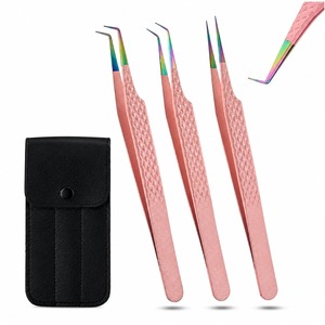 Lot de 3 pinces à cils roses en acier inoxydable, à pointe incurvée de précision, pour volume et isolation des cils, outils de beauté avec étui - Product Image 1