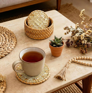 Sous-verre en rotin et nacre pour tasse à thé, 300 mm, style bohème avec motif floral, pour tasse à thé, mug, décoration de table - Product Image 6