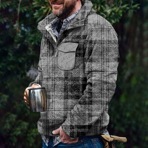 Sweat à capuche à col roulé en peluche à carreaux automne-hiver pour hommes avec faux bouton Sherpa moelleux Pull Streetwear à imprimé ethnique - Product Image 1