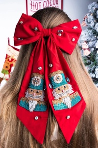 Classic Holiday Design Christmas Green Satin Hair Bow Clip with Holly Berry Decoration Elegant Holiday Hair Accessory for Women - Product Image 3