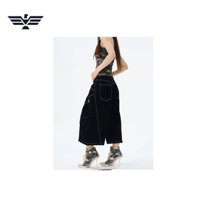<b>Women's</b> <b>Black</b> Denim Cargo <b>Shorts</b> Mid Waist Casual Breathable Streetwear Style with Pockets Topstitch Summer Woven Fabric - Product Image 3