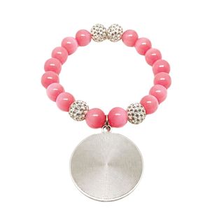 Bracelet extensible rose perlé avec pendentif rond en cristal et accents en strass argentés, accessoire de mode pour femmes et jeunes filles - Product Image 2