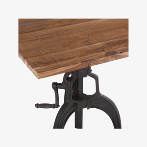Mesa de comedor industrial de hierro fundido con manivela, altura ajustable, con tablero cuadrado de madera maciza de mango, para bistro, bar o cocina. - Product Image 2