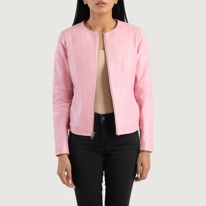 Chaqueta Bomber de Cuero Sintético Rosa para Mujer, Manga Larga, Cierre de Cremallera, Cuello Redondo, Corta, para Otoño - Product Image 2