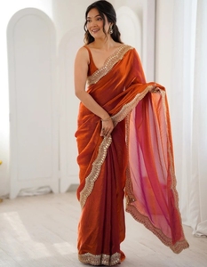 KV Embellished Silk Wrinkle-Free Reversible Bollywood Satin <b>Saree</b> (<b>Orange</b>) for Party - Product Image 2