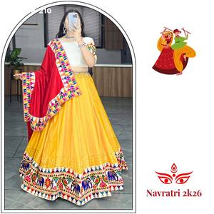 Festival wear Rayon Cotton with Animal Motif-Gamthi Work & <b>Gota</b>-Patti Border Lehenga-Choli & Gamthi-Border Dupatta Woman Fashion - Product Image 3