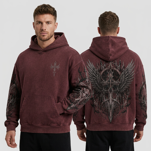 Sweat-shirt à capuche gothique bordeaux pour homme, imprimé ailes et croix, en molleton, coupe oversize, pour l'automne - Product Image 1
