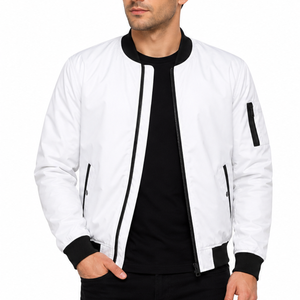 Blouson Bomber Homme Blanc et Noir Contrastant avec Manches Contrastantes, Poches Zippées, Col et Poignets Côtelés Noirs, Veste Extérieure Entièrement Zippée – Vente en Gros - Product Image 1