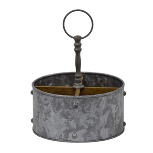 Galvanized Metal Storage Basket with <b>Wooden</b> Handle Grip and Lattice Cutout Rustic Utensil Holder Cutlery Organizer - Product Image 5