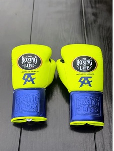 Custom Made No Boxing No Life Canelo Yellow Blue Real Cowhide Leather MMA Training Boxing <b>Gloves</b> Lace-Up Lightweight Breathable - Product Image 4