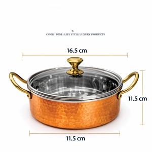 Hammered Copper Sauce <b>Pan</b> with Glass Lid Stainless Steel Interior Retro Design Gas Cooker Compatible 375ml Capacity 16.5CM - Product Image 2