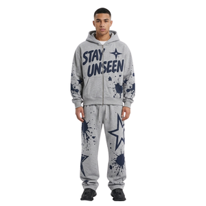 Sudadera con capucha y estampado desgastado, conjunto de chándal de felpa con estampado en relieve, ropa de calle de algodón transpirable de alta calidad para otoño - Product Image 1