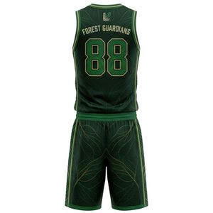 Ensemble de maillots de basket-ball personnalisés OEM Forest Guardians pour hommes, col en V, sans manches, imprimé végétal sublimé, respirant, coupe régulière, adulte - Product Image 2