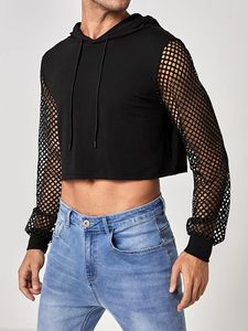 <b>Fishnet</b> Mesh Long Sleeve Drawstring Crop Hoodie Sweatshirt Pullover - Product Image 5