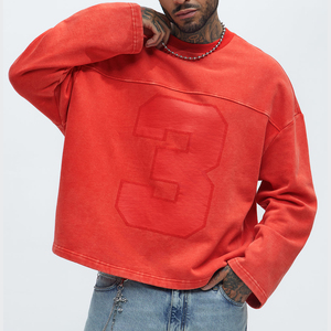 Sweat à capuche oversize pour homme en polaire d'hiver, broderie 3D, effet vieilli, surpiqûres contrastées, couleur rouge, motif graphique, numéro, sweat pour homme - Product Image 1
