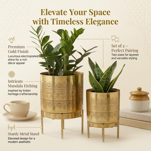 กระถางต้นไม้โลหะทันสมัย ทนทาน พร้อมขาตั้ง แพ็ค 2 ใบ ขนาดใหญ่ (10x7 นิ้ว) ขนาดเล็ก (8x6 นิ้ว) ตกแต่งบ้าน/สำนักงาน/ระเบียง/สวน - Product Image 2