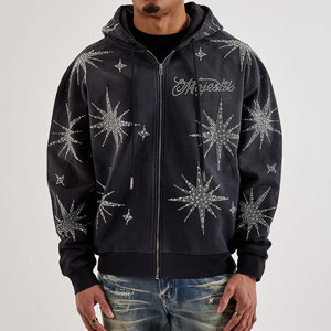 EMOTION Streetwear <b>Rhinestone</b> Zip up Hoodie for Men, 380g Heavyweight Cotton Zip up <b>Jacket</b> Wholesale - Product Image 1