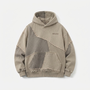 Sweat-shirt surdimensionné personnalisé pour homme, style streetwear, avec patchwork crème, effet vieilli et bords bruts - Product Image 1