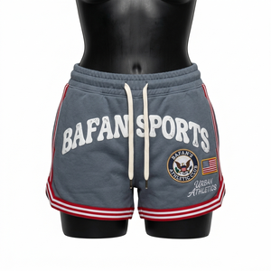 Shorts de sport pour femmes Premium en molleton de coton et polyester 280 GSM, gris, avec empiècements rayés et logo personnalisé - Product Image 1