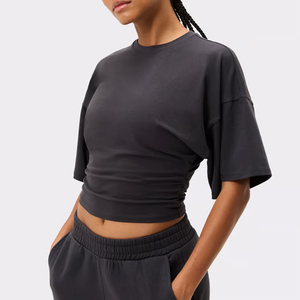 Haut court d'été pour femme, couleur unie, à carreaux, col rond, manches courtes, épaules tombantes, tricoté, coupe classique, décontracté, écologique - Product Image 1