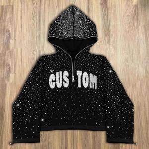 Sudadera con capucha de invierno de algodón 100% personalizada con diseño de purpurina gráfica de diamantes de imitación para gimnasio o uso diario - Product Image 1
