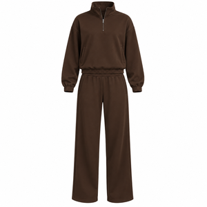 Ensemble de survêtement personnalisé marron chocolat pour femme, sweat-shirt oversize et pantalon large, deux pièces, vêtements de sport décontractés, OEM ODM Manu - Product Image 2