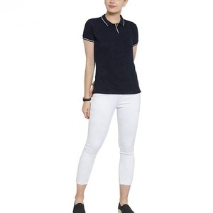 Polo de manga corta azul marino para mujer, diseño 2026, de color liso, tejido de punto, informal, largo regular, teñido liso - Product Image 5