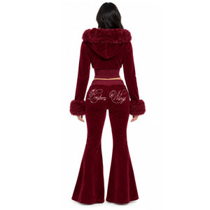 Ensemble de survêtement pour femme en velours bordeaux à capuche, manches longues, fermeture éclair sur le devant, imprimé pailleté, pantalon évasé, vêtements d'hiver - Product Image 4