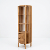 Estantería de exhibición de madera de teca maciza de primera calidad, de tres niveles, con listones verticales, librero minimalista, gabinete de almacenamiento con cajones, tamaño personalizado para sala de estar