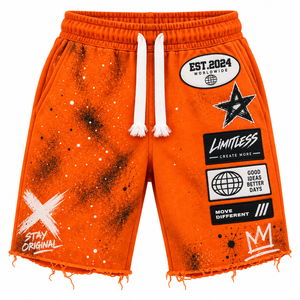 Pantalones Cortos Deportivos para Hombre Color Naranja con Parches, Cintura con Cordón Ajustable, Algodón Transpirable, Diseño de Parches, Logotipo Frontal, Largo Medio - Product Image 1
