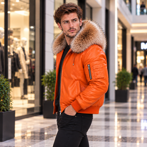 <b>Men's</b> Leather <b>Bomber</b> <b>Jacket</b> with Fur Hood | Giacca <b>Bomber</b> Uomo | Chaqueta Hombre | Blouson Homme | Herren Luxus Lederjacke - Product Image 4