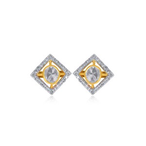14K Yellow Gold Moonstone Diamond Halo Stud Earrings Oval Cabochon Center Lab Grown Diamond Geometric Design for Women - Product Image 1