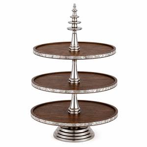 Wholesale Price Three <b>Tier</b> Round Walnut Wood <b>Cake</b> Stand with Silver Metal Frame Luxury Dessert Display Stand - Product Image 5