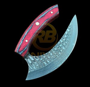 Handmade Damascus Ulu <b>Knife</b> Curved Blade Hunting Skinning <b>Knife</b> with Wooden <b>Handle</b> & Leather Sheath - Product Image 2