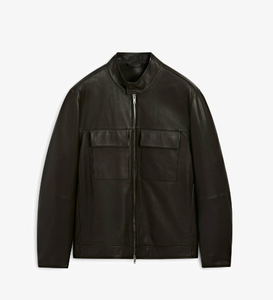 Blouson moto en cuir de vachette pour homme grande taille, col montant, fermeture éclair, noir uni, streetwear d'automne - Product Image 5