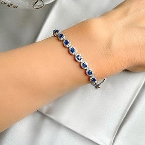 Genuine Blue Sapphire Halo Oval Cut Adjustable Slider Silver Bracelet Elegant Gemstone Jewelry Gift For Women - Product Image 5